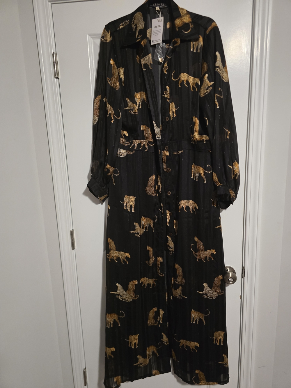 Women's Black Maxi Shirt Dress with Gold Leopard Print